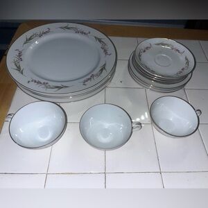 Elegant White Dinnerware Set with Purple and Gold Accents set of 15